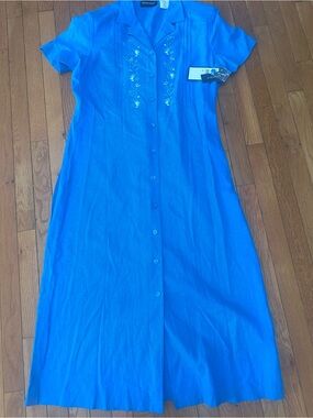 Mellisa Harper 14 NWT Linen Blend Blue Button-Front Embroidered Midi Dress